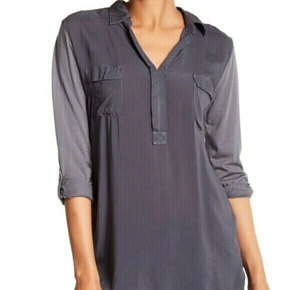 SPLENDID Long Sleeve Stretch V-Neck Tunic Gray Top Rayon Collar Semi Sheer M